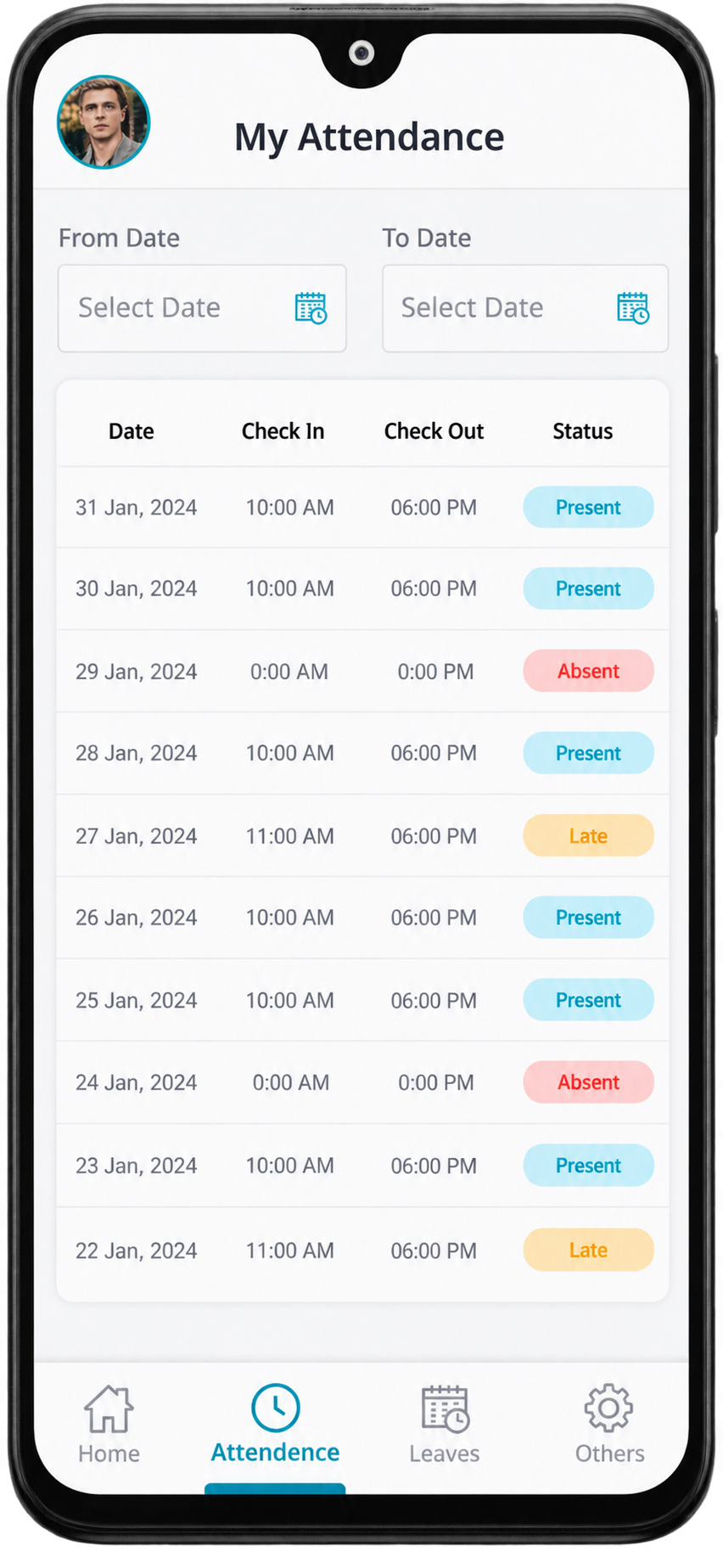 VastHCM mobile app attendance history with check-in and check-out times