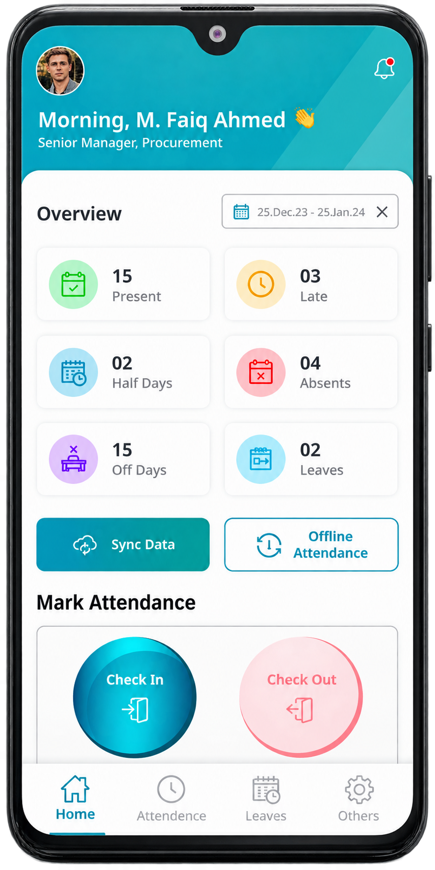 VastHCM mobile app home dashboard showing attendance overview and check-in