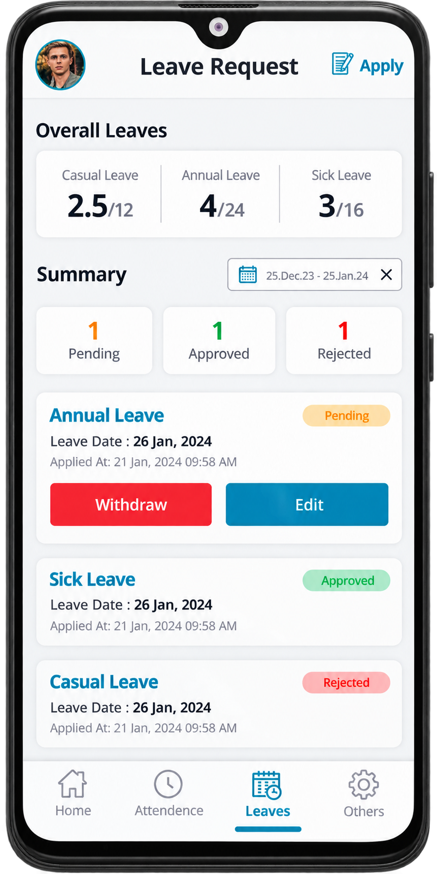 VastHCM mobile app leave request screen with balances and approval status