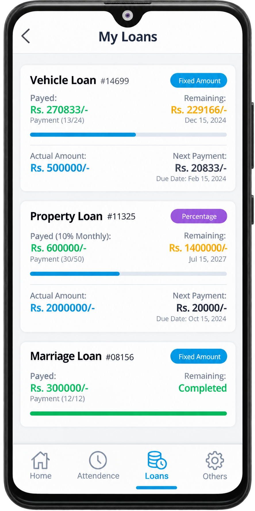 VastHCM mobile app loan tracking screen with repayment progress