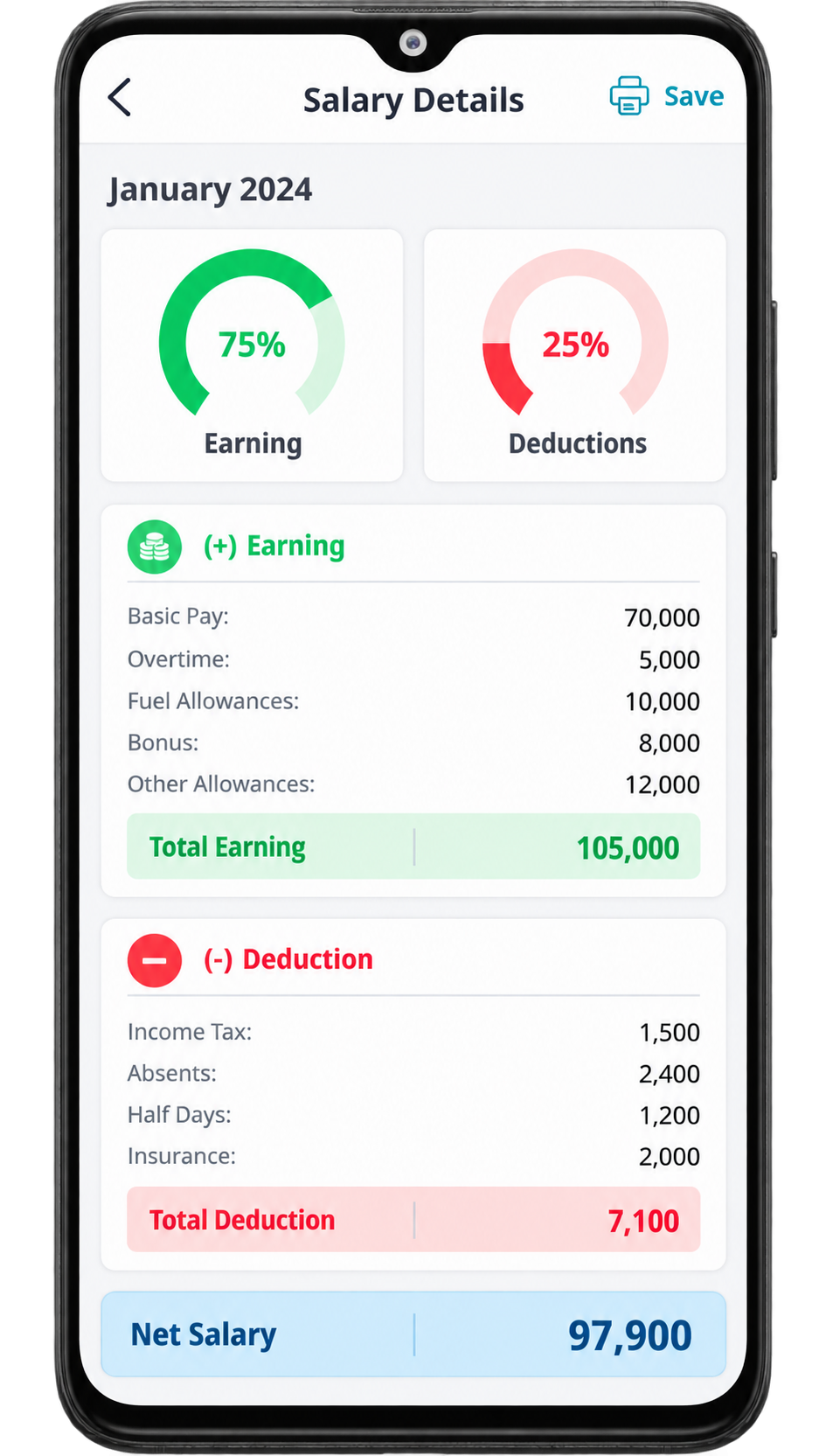 VastHCM mobile app salary details screen with earnings and deductions